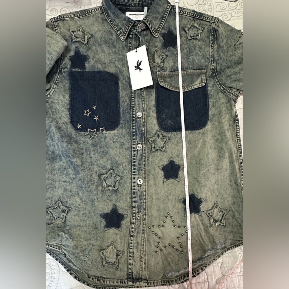NWT Free People One Teaspoon Everyday Denim Classic Star Shirt S Petrol Green - Picture 11 of 11